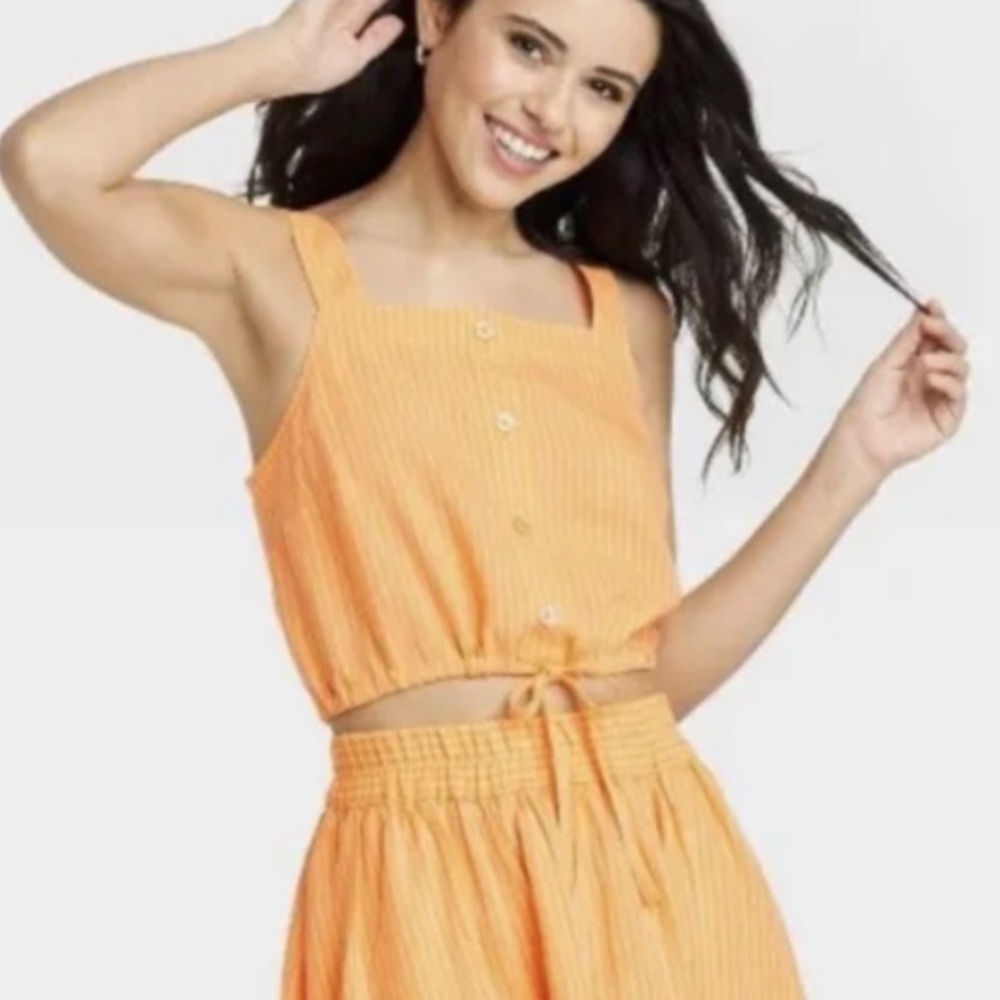 A New Day Women’s Yellow Striped Linen Square Neck Button Tie Crop Top L